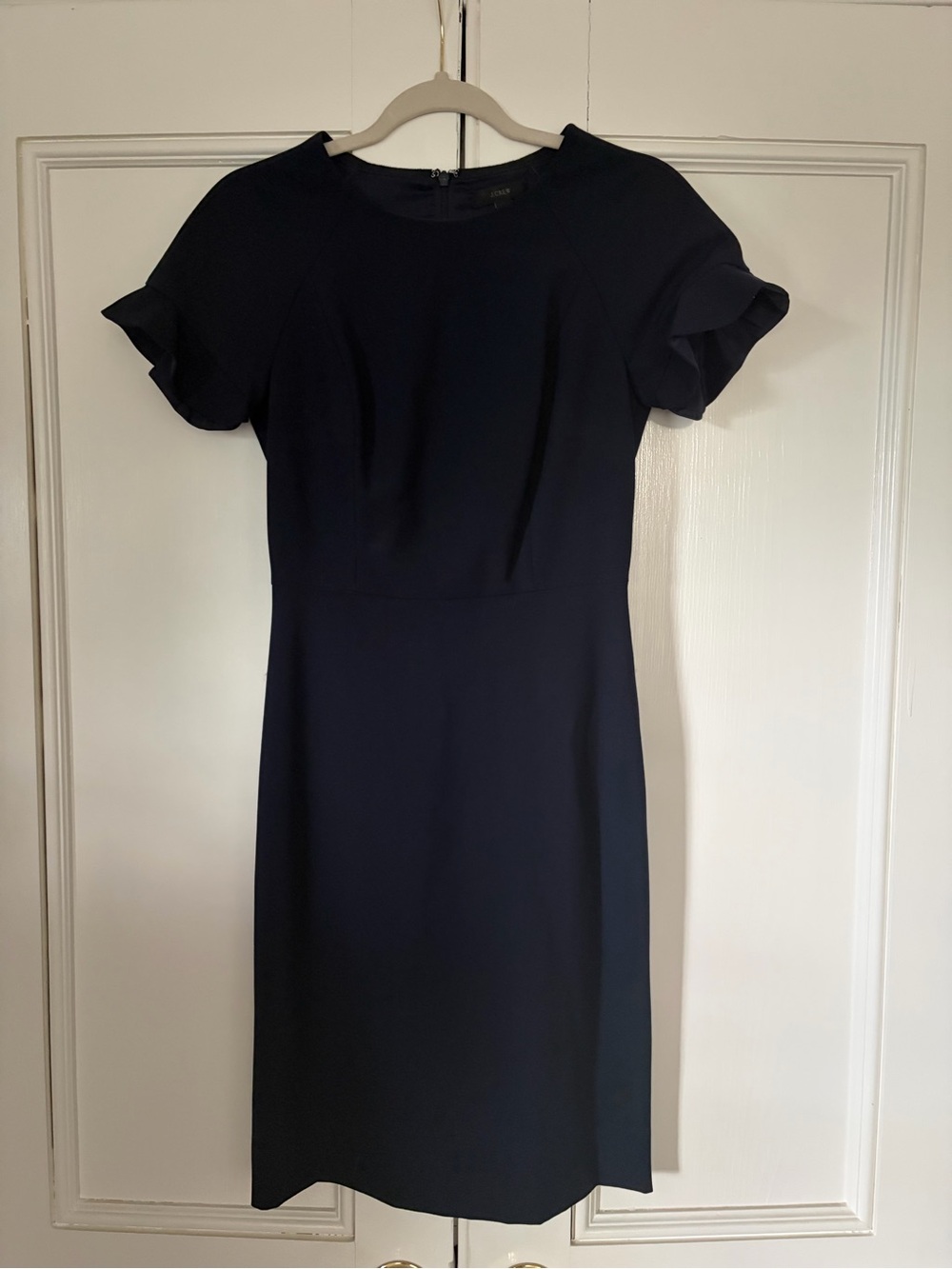 J. Crew Navy Ruffle-Sleeve Midi Sheath Dress